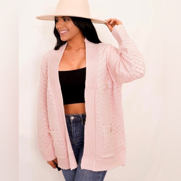 POL Clothing NEW Women's Baby Pink Luxe Open Cardigan Sweater with Buttons Large - Picture 8 of 12